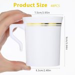 48 Pcs Plastic Coffee Cups, 8 oz Coffee Mugs with Handle, Disposable Plastic Tea Cups Espresso Beverage Plastic Coffee Cups with Handle for Wedding Cafe Party (White&Gold) - Image 2