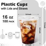 100 Pack 16 oz Disposable Plastic Cups with Lids and Straws, Clear Party Coffee Cups for Cold Beverages, Smoothies, Iced Coffee, and Leak-Proof, -Free - Image 2
