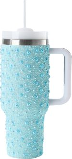 Pearls Bling 40 oz Tumbler with Handle and Straw | Rhinestones 100% Leakproof Stainless Steel Insulated Tumbler with Lid and Straw | Cup Holder Friendly Base -Blue