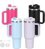 4 Pack 40 Oz Tumblers with Handle Bulk, Double Wall Vacuum Insulated Stainless Steel Tumblers with Lid and Straw, 40 oz Cups with Silicone Spill Proof Stopper Set (Black,Sky Blue,Purple,Hot Pink)