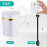 100 Pcs Plastic Coffee Tea Cups  8 oz White Coffee Mugs Bulk with Handle and Spoon with Gold Rim Espresso Cup for Tea Cafe Milk Dessert Shop - Image 2