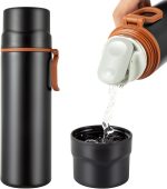 Insulated Water Bottle-Stainless Steel Vacuum Coffee Cup with Handle,Flask Double Walled Sport Travel Mug with Leakproof Lid,Keep Hot & Cold 12 Hours Free 15oz(Black)