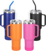 4 Pack 40 Oz Tumbler with Handle and Straw, Stainless Steel Double Wall Vacuum Insulated Cup, 40 OZ Travel Coffee Mug Bulk with Silicone Water Bottle Boot(Mixed Color)