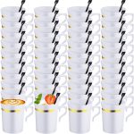 100 Pcs Plastic Coffee Tea Cups  8 oz White Coffee Mugs Bulk with Handle and Spoon with Gold Rim Espresso Cup for Tea Cafe Milk Dessert Shop