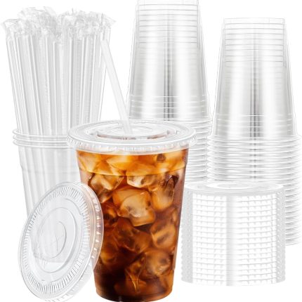 100 Pack 16 oz Disposable Plastic Cups with Lids and Straws, Clear Party Coffee Cups for Cold Beverages, Smoothies, Iced Coffee, and Leak-Proof, -Free