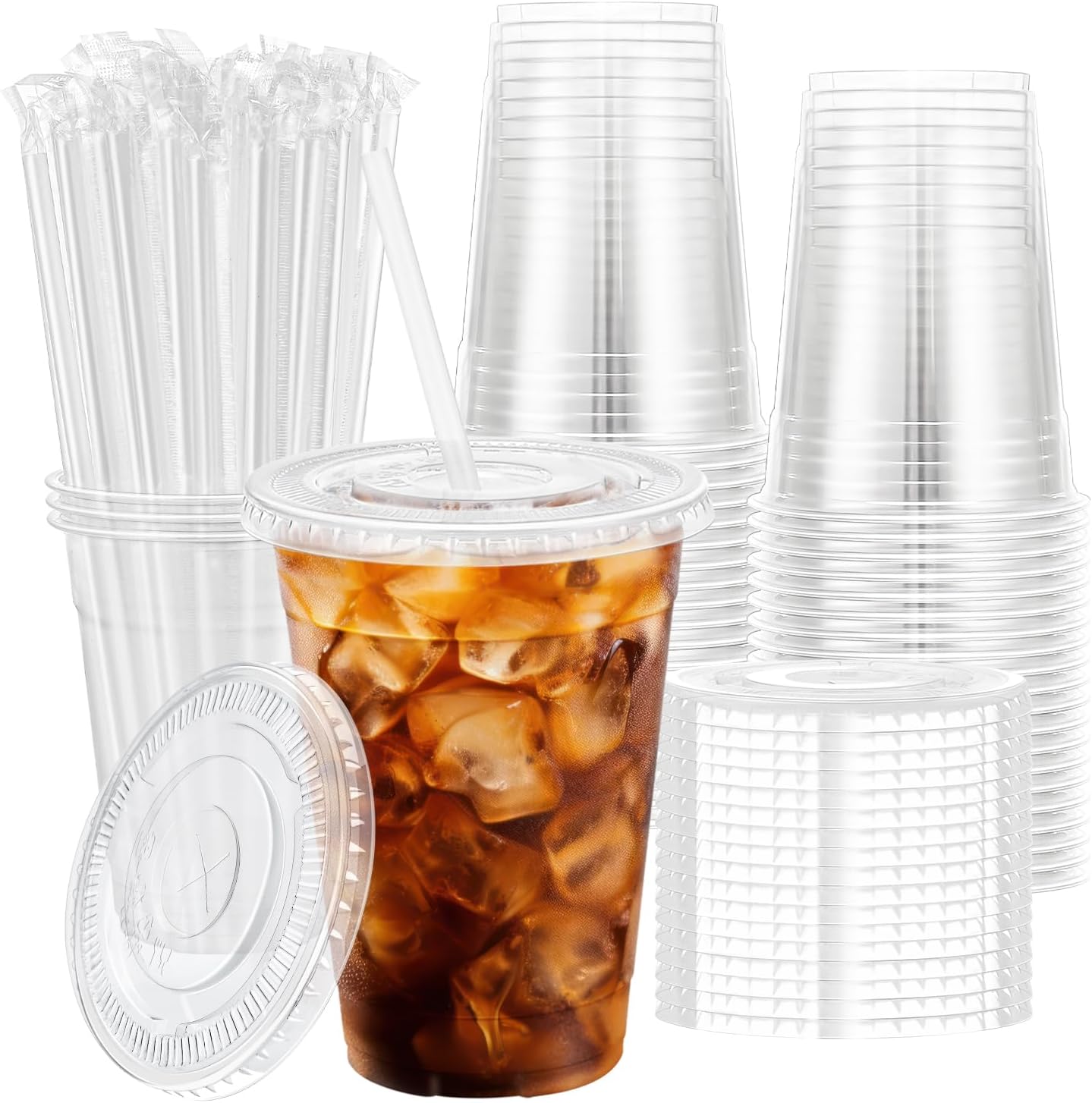 71o0VkspaYL._AC_SL1500_.jpg 100 Pack 16 oz Disposable Plastic Cups with Lids and Straws, Clear Party Coffee Cups for Cold Beverages, Smoothies, Iced Coffee, and Leak-Proof, -Free - Image 1