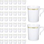 48 Pcs Plastic Coffee Cups, 8 oz Coffee Mugs with Handle, Disposable Plastic Tea Cups Espresso Beverage Plastic Coffee Cups with Handle for Wedding Cafe Party (White&Gold)