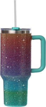 40oz Rhinestone-Encrusted Insulated Tumbler - Premium Bling Stainless Steel Water Bottle with Handle, Double Wall Vacuum Technology, Includes Leakproof Lid and Straw