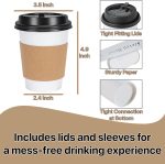 Paper White Cups [12 oz] with Lids and Sleeves x [25 Set] Disposable Hot Cold Coffee Water Beverage Drinking for School Office Home Kitchen Cafe Restaurant (25 Pack, 12 oz) - Image 2