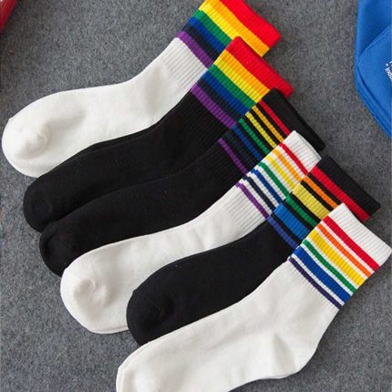 6 Pairs Minimalist Black & White Rainbow Pattern Unisex Comfortable Breathable Mid-Calf Socks, Stylish For Spring/Autumn, Fall