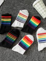 6 Pairs Minimalist Black & White Rainbow Pattern Unisex Comfortable Breathable Mid-Calf Socks, Stylish For Spring/Autumn, Fall - Image 5