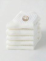 5pcs Women Simple Smile Face White Short Socks, Comfortable Sports Socks Suitable For All Seasons, Breathable, Odor Resistant, Elastic & Soft, Solid Color, Casual Wear, Yoga, Daily & Holiday Wear - Image 6